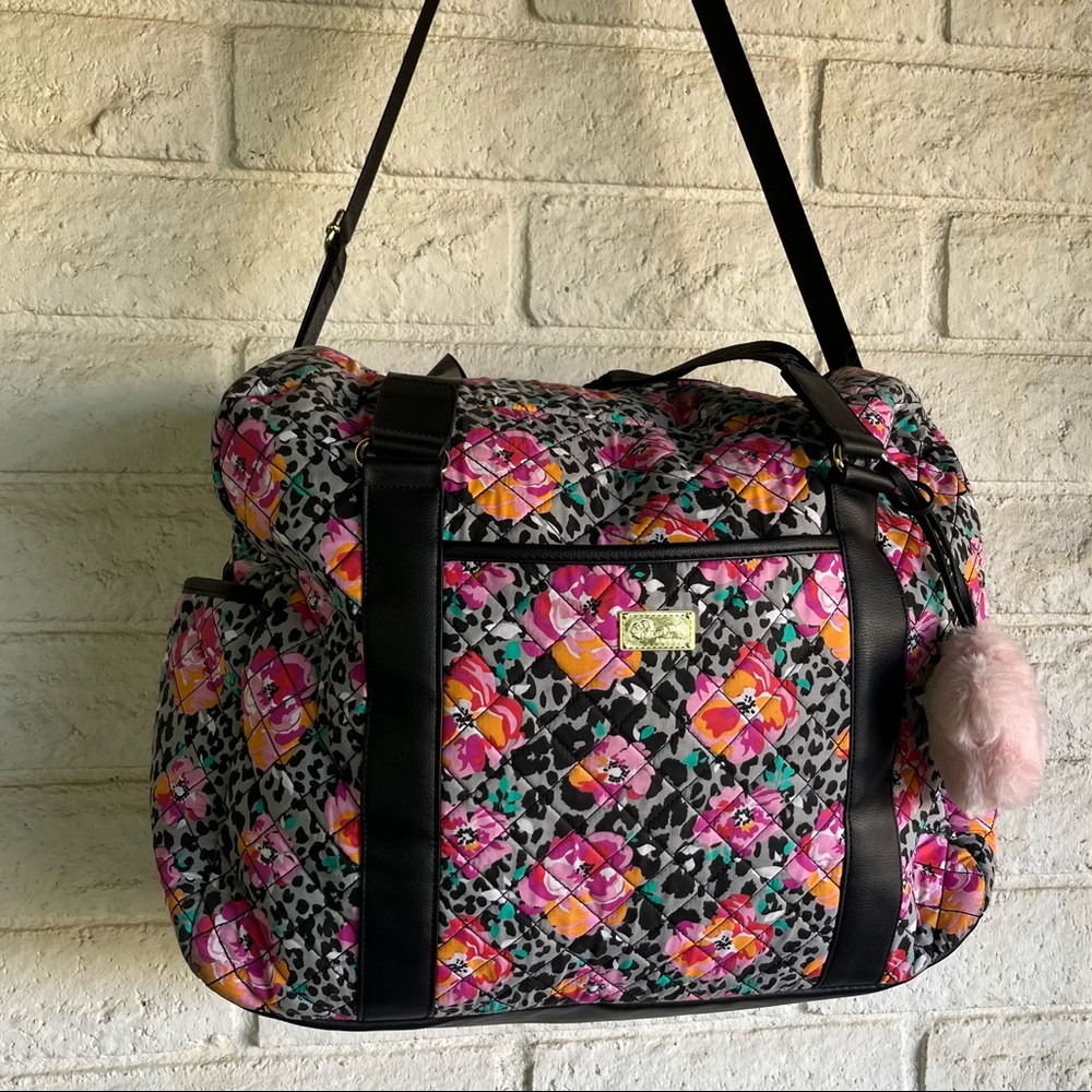 Betsey Johnson Orange Pink Floral Animal Print Weekender Duffel Travel Bag